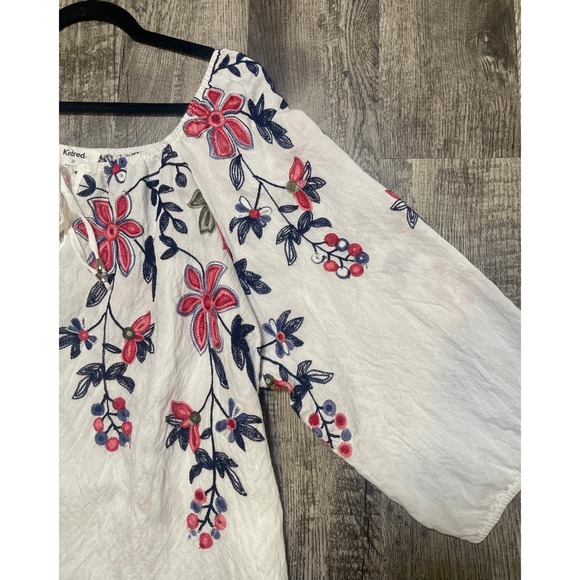 NWT Kindred 2X White Mauve Blue embroidered Floral Blouse Peasant Boho Top Tunic - Picture 10 of 11